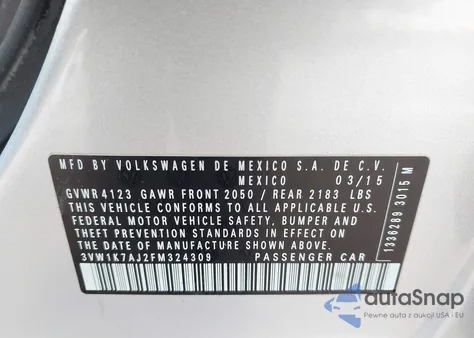 2015 Volkswagen Jetta 2.0L S from USA, damaged, VIN 3VW1K7AJ2FM324309